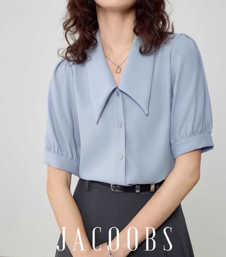 Áo sơ mi nữ cổ nhọn tay ngắn chất liệu chiffon phong cách Pháp — màu đen, xanh lam, màu trắng chi tiết 3