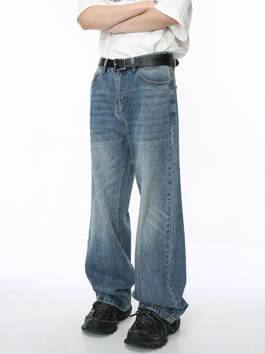 Ropa para hombre MTLCLOTHES | Vaqueros de pierna recta holgados, estilo coreano, desgastados, con efecto descolorido, para ir al trabajo y uso diario.