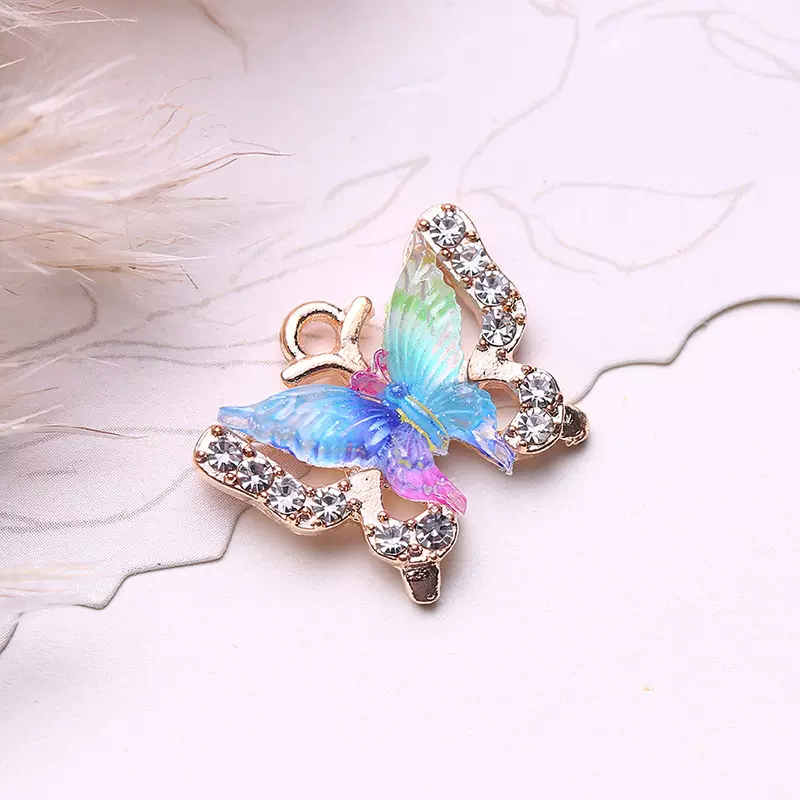 跨境新款ins风炫彩蝴蝶镶钻合金饰品diy配件项链耳饰钥匙扣挂件