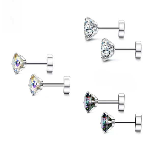 Cross-border titanium steel flat bottom zircon earring round cake ear bone nail ear nail nail zircon earring external thread versatile high-level sense