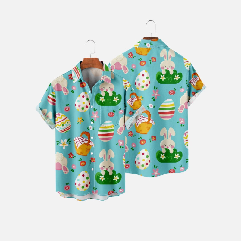 2023 New Men's Lapel Easter Egg Element Print Loose Large Size Short-Sleeved Shirt Top