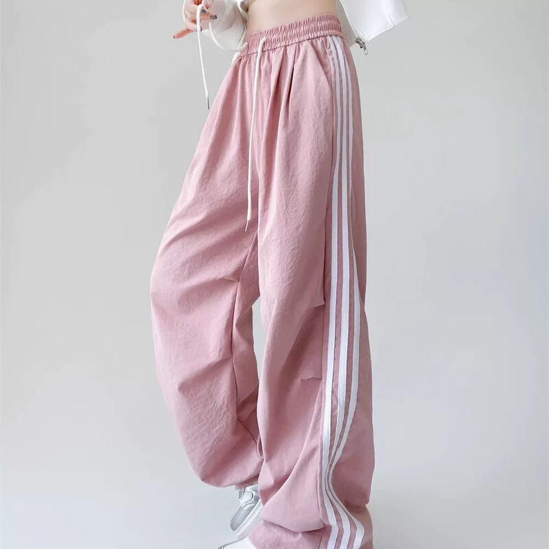 Pink Pleated Parachute Pants Casual Pants for Women, New Summer Style, Sports Three-Stripe Jogger American-Style Cargo Pants, Floor-Length Trousers