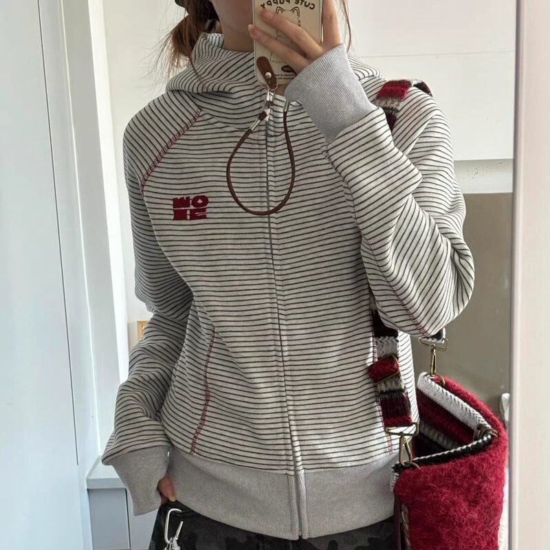 Korean-style retro Hasselblad striped sports hooded cardigan for women, new spring and autumn collection, with a waist-cinching design, unique short jacket
