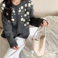 温柔风毛衣外套秋冬新款女装高级感宽松清新甜美花朵针织开衫上衣