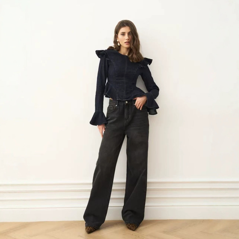 Black and gray washed wide-leg jeans for women, loose-fitting, drapey, floor-length pants, European-style straight-leg jeans