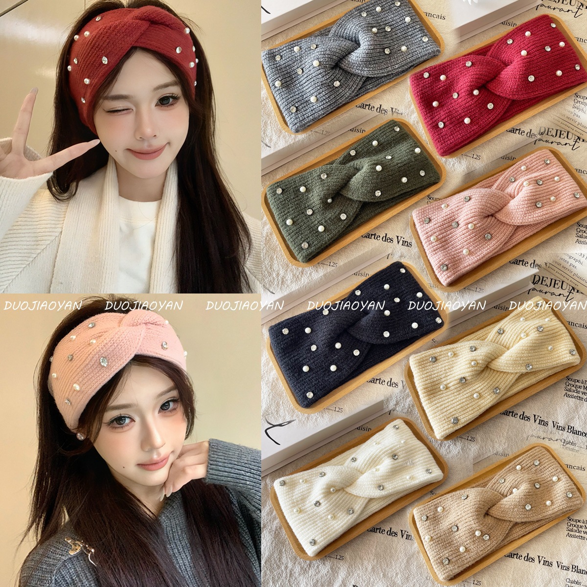 网红新款秋冬珍珠毛线发带宽边弹力防寒头饰时尚保暖针织交叉头巾