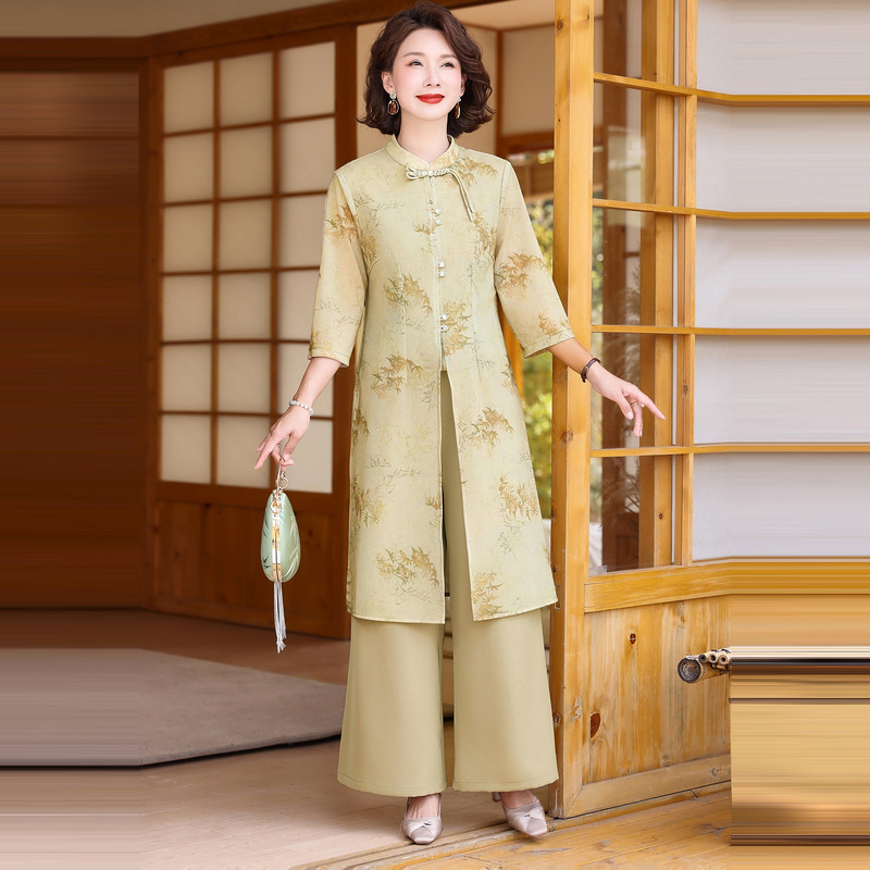 新中式国风套装女2024夏季新款中老年妈妈改良汉服长款上衣两件套