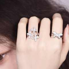 法式超仙蝴蝶結花朵滿鑽鋯石開口戒指女輕奢高級感甜酷疊戴食指環
