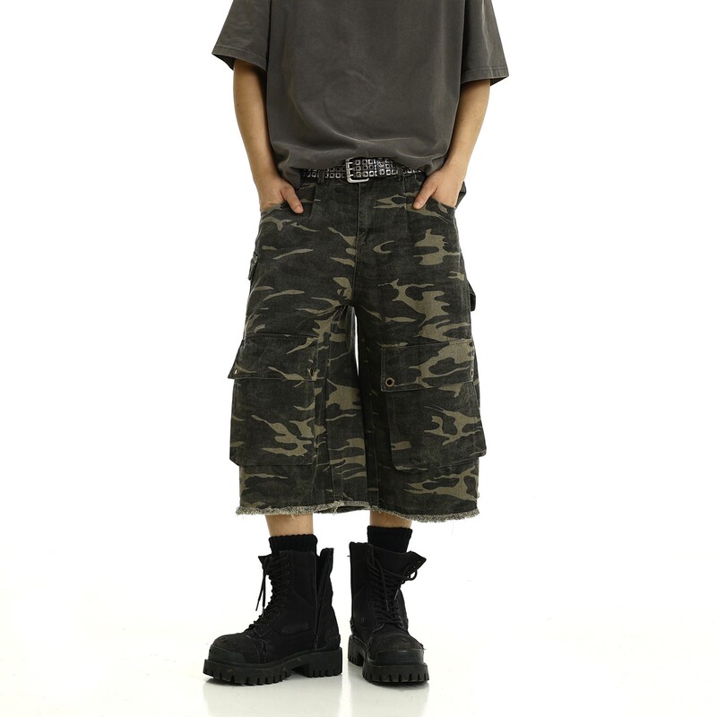 American-style Retro Large Pocket Fur Edge Camouflage Caught Pants Men's and Women's Straight Wide-leg Loose Casual Cropped Jeans Trendy