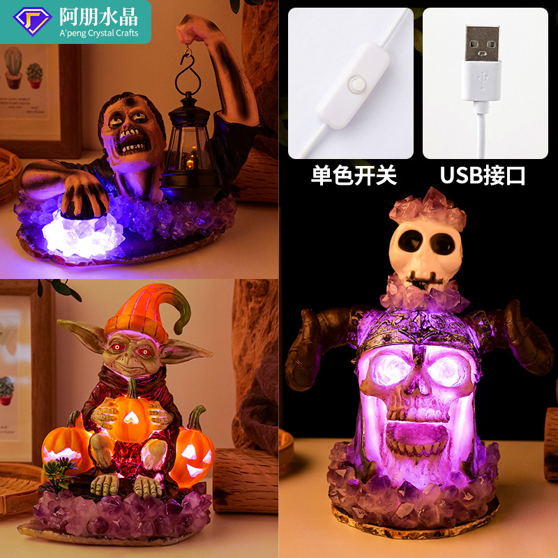 Cross-Border Natural Crystal Amethyst Tooth Flower Night Light Ornaments Halloween Party USB Atmosphere Light Decoration Crafts