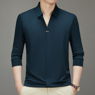 Factory generation men's scissors collar Polo shirt spring and autumn business casual men's high-end seamless solid color long sleeve