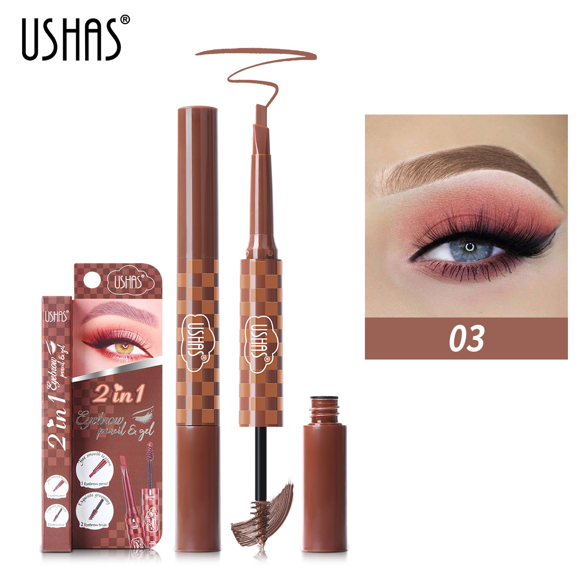 USHAS European and American Cross-border spot 3 colores multifunción no mancha impermeable a prueba de sudor lápiz de cejas cepillo de cejas caja de venta directa de fábrica