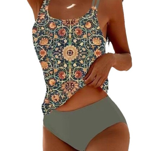 European and American style split swimsuit with printed multi-colored plus-size triangle briefs, tankini, belly-covering swimwear