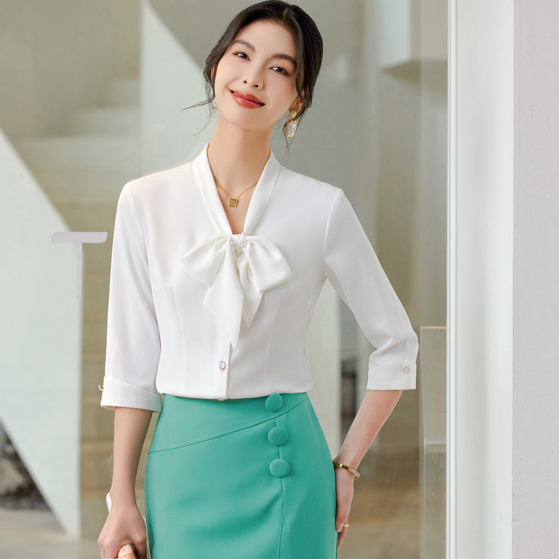 Spring and summer 2024 new professional women's high-end bow mid-sleeve shirt waist temperament jewelry beautician dress