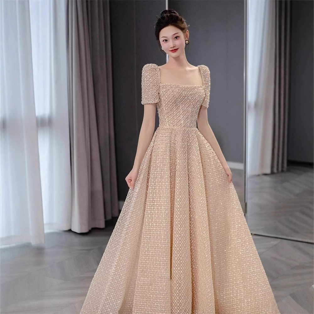 Вечернее платье цвета шампанского, элитное, легкое, роскошное, нишевое, для ежегодной вечеринки, ужина, ведущего, элитное, с французскими пайетками, с квадратным вырезом, элегантное