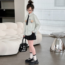 女童套装2025春新款大童学院风条纹衬衫百褶裙韩系两件套外贸童装