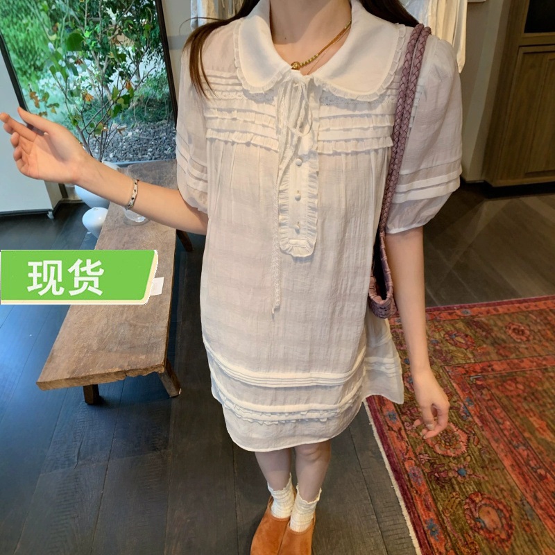 Zhangzhang Milk White Gardenia Youthful Lace Patchwork Doll Collar Dress