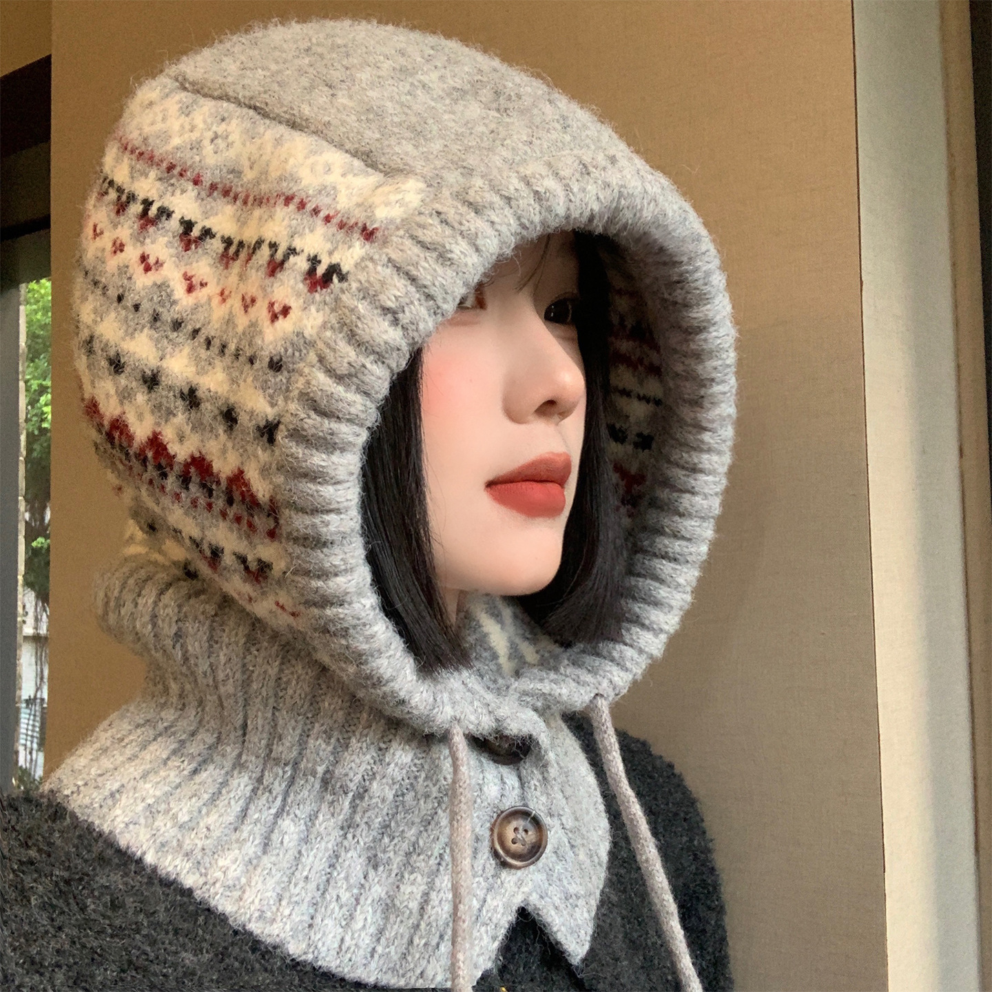 フェア島風毛糸帽子女子秋冬レトロ百合大頭囲保温ニット帽子顔小耳保護帽子