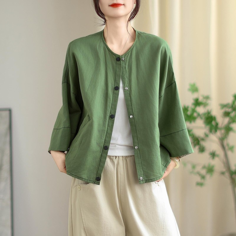 古咖服饰秋季纯色简约亚麻短外套女宽松遮肉短款显瘦纯色上衣|undefined