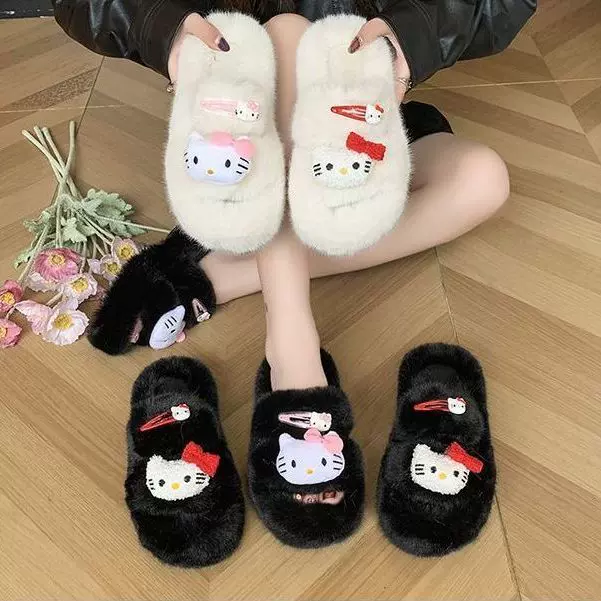 洋气外出女士百搭高跟毛毛拖鞋厚底黑色白色凉拖女外穿一字拖ins