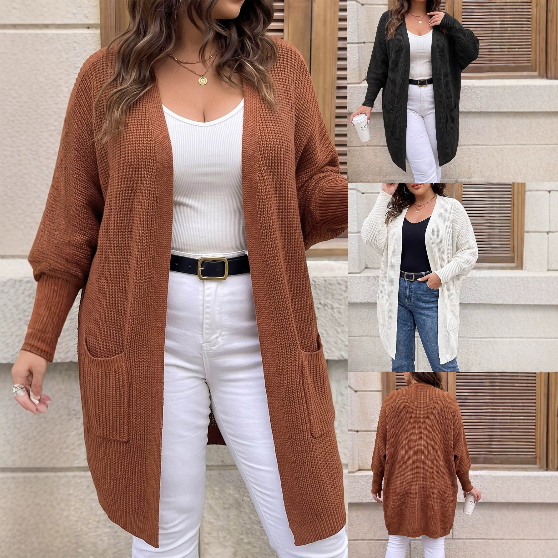 Women's Sweater Coat, Solid Color Bat Sleeve, Casual, with Pockets, Loose Fit, Plus Size, European and American Style Knitwear