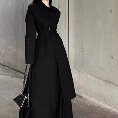 山本耀司風衣スリットウエストワンピース女性レトロ2024春秋デザイン感ロングシャツスカートセット