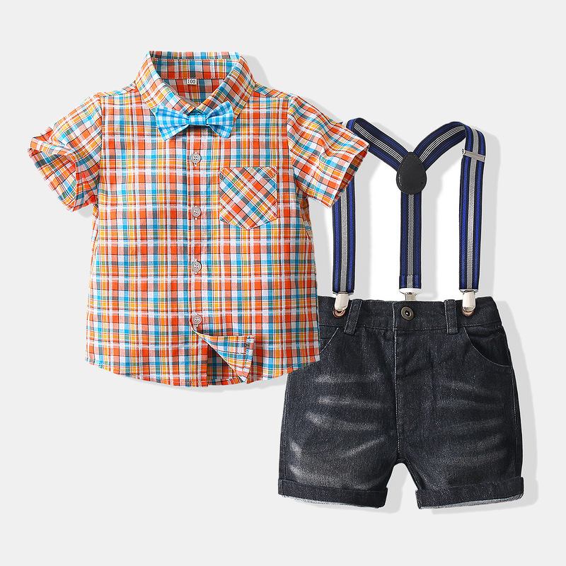 Amazon cross-border foreign trade children's clothing 2021 summer new European and American style boys' color plaid shirt jeans suit