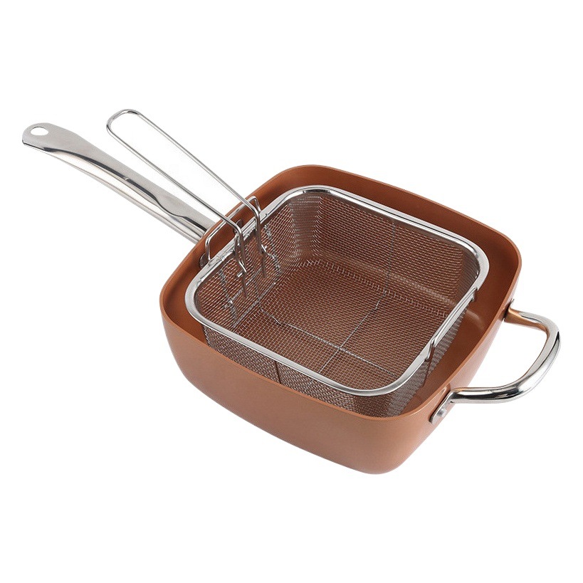 Sartén de cobre antiadherente sartén cuadrada de cuatro piezas Freidora con cesta de freidora cesta de malla de vapor sartén cuadrada