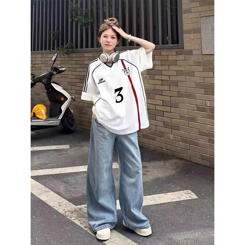 アメリカンレトロカレッジスタイルピュアコットンVネック半袖Tシャツレディース2025年夏新作スプライシングスリーストライプスカップルトップ|undefined