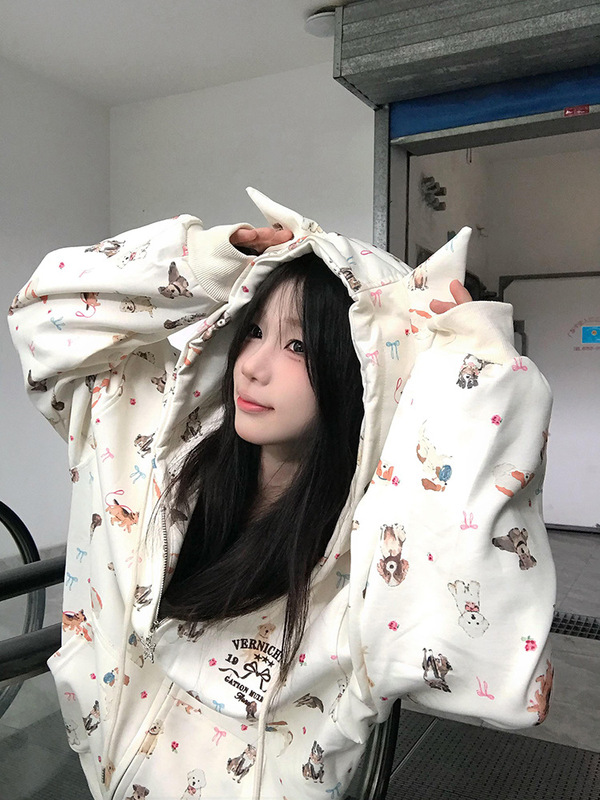奶fufu学生连帽卡通卫衣外套女2025秋开衫拉链宽松休闲学院风薄款|undefined