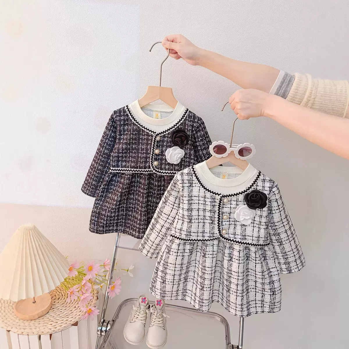女童春秋套装2026新款春季甜美假两件小香风女宝宝连衣裙