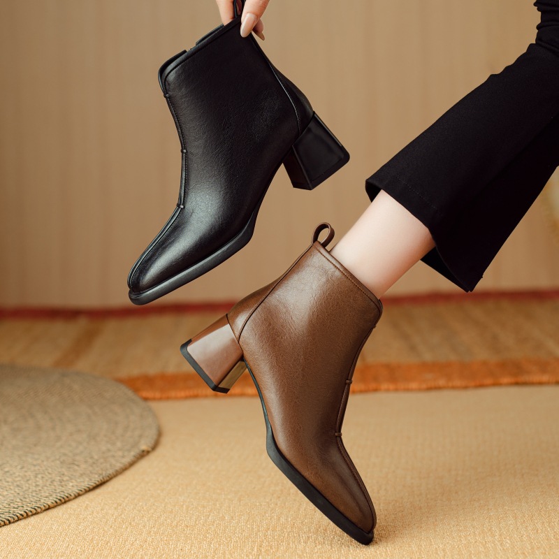 2024秋冬季牛皮圆头V口时装靴子侧拉链加绒简约中粗跟短靴女40码