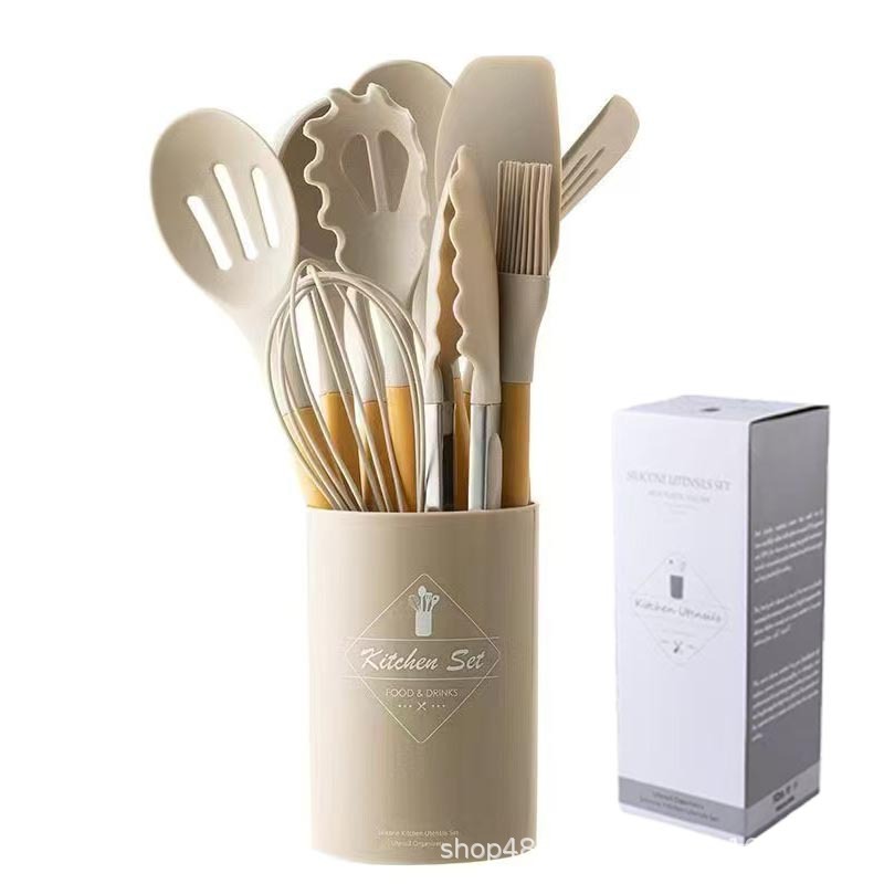 Spot transfronterizo mango de madera silicona herramientas de cocina para el hogar juego de 12 piezas olla antiadherente olla de cocción pala cuchara de sopa juego de utensilios de cocina