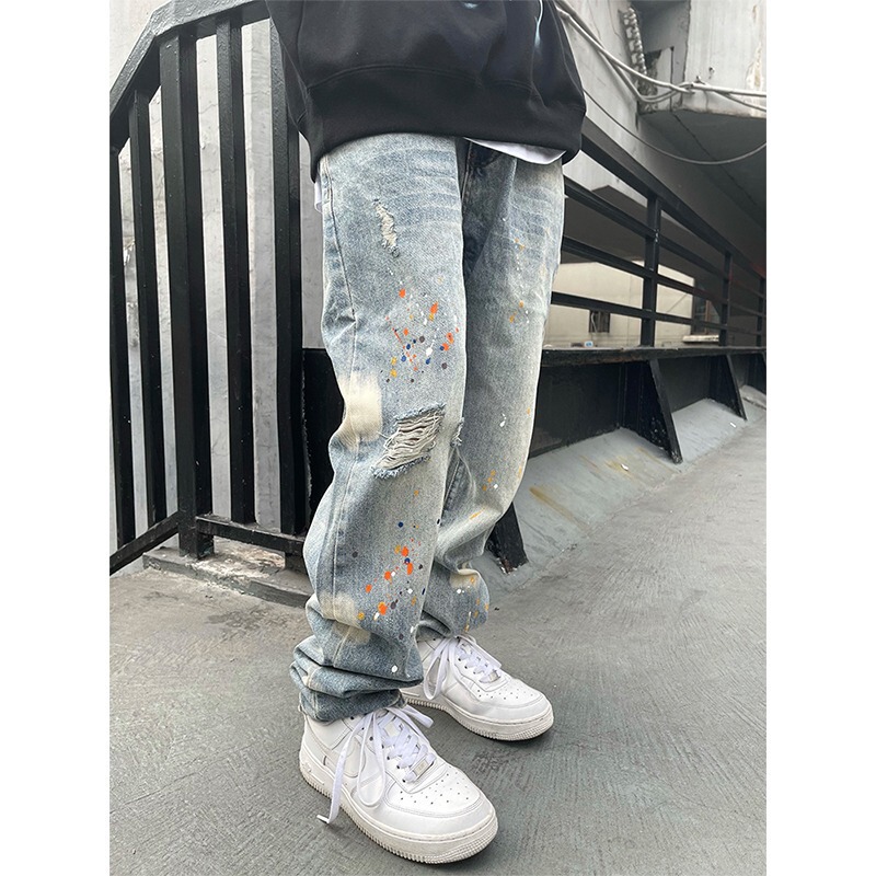 Street Retro Washed Distressed Tie-Dye Ripped Jeans Men's Korean Style Loose Straight-Leg Bf Casual Floor-Length Pants