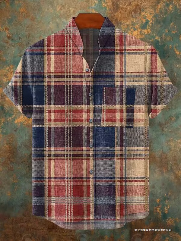 Summer Men's Fashionable Plaid Shirt with Exquisite Patterns, Comfortable Linen Fabric, Short-Sleeved Shirt, Casual Summer Men's Fashionable Plaid Shirt with Exquisite Patterns, Comfortable Linen Fabric, Short-Sleeved Shirt, Casual