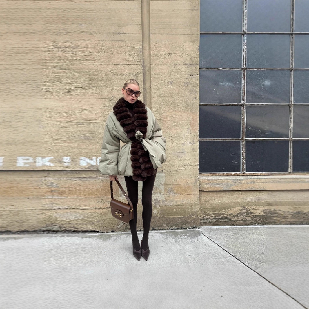 European and American Cross-Border 2025 Autumn and Winter New Women's Clothing Simple and Fashionable Fur Decorative Lace-Up Short Outwear for Women Winter