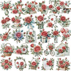 56张跨境新款玫瑰花透明pet贴纸 高颜值创意手工DIY素材文具贴画