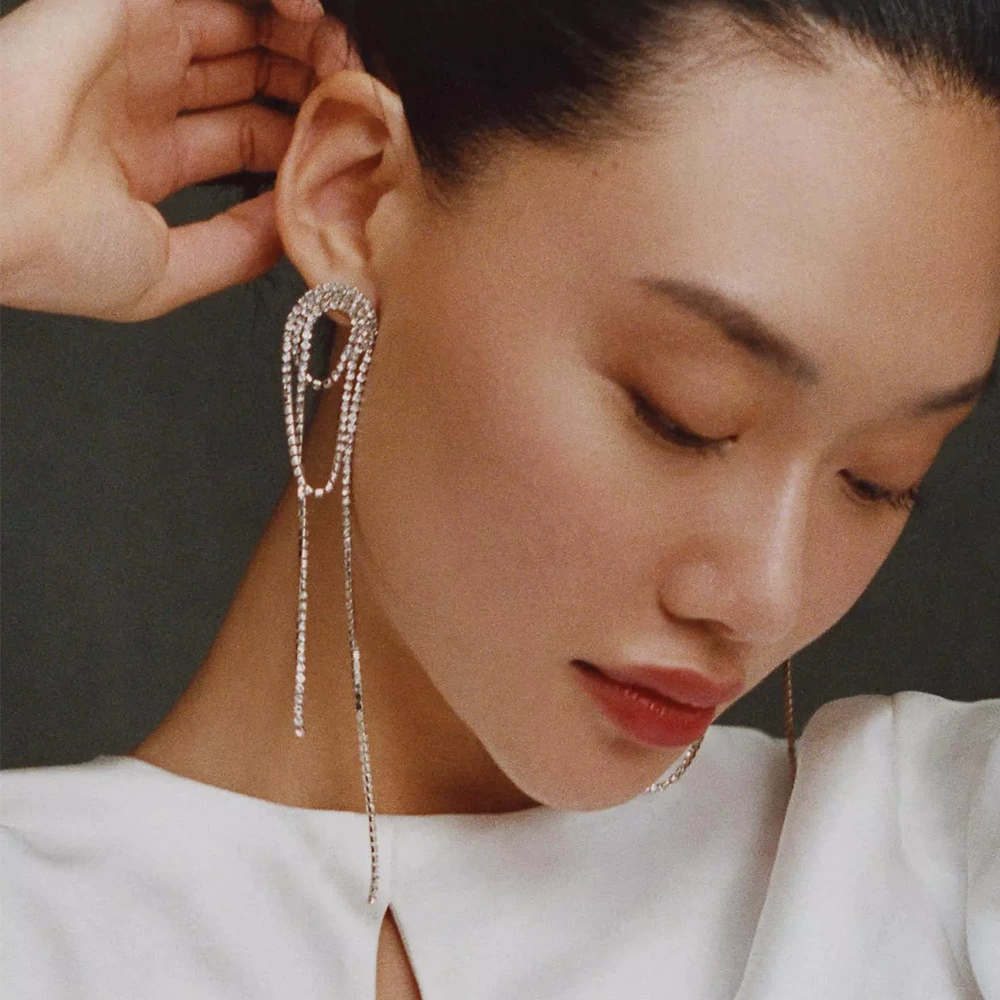 Трансграничные специальные длинные модные серьги с кисточками, женские элегантные нишевые изысканные серьги со стразами, простые блестящие серьги