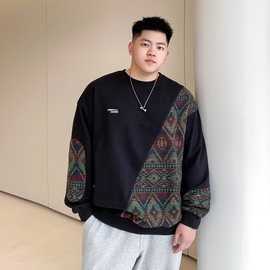 春秋新款胖子加肥加大码宽松男圆领民族风拼接潮流长袖超大码卫衣