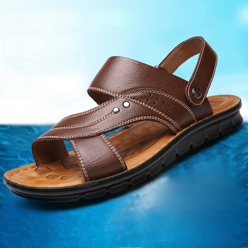Dép sandal nam da bò thật hở ngón, quai ngang co giãn, đế PU chống trượt thoáng khí đi biển — 10135 đế dày màu nâu, 10135 đế dày màu đen, 12129 màu đen, 12129 vàng nâu