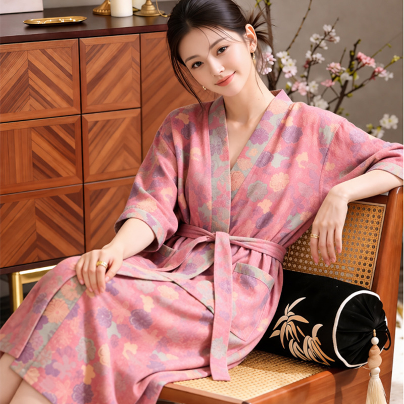 Pure cotton double-layer gauze robe for women, suitable for all seasons, cotton gauze bathrobe, thin spring/summer bathrobe, men's pajamas, long robe, sauna clothing Pure cotton double-layer gauze robe for women, suitable for all seasons, cotton gauze bathrobe, thin spring/summer bathrobe, men's pajamas, long robe, sauna clothing
