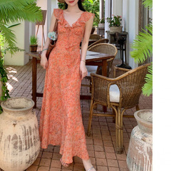 ティーブレイクフレンチデザイン花柄ドレス婦人服2025新しい夏の小さな海辺の休暇ロングドレス
