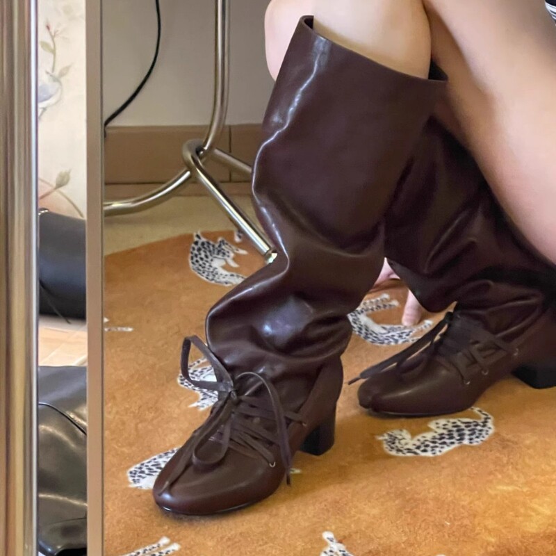 Retro Strappy New Niche Design Trouser Boots Thick Heel Thick Sole Boots No More Than Knee Pointed Toe Lace up Knight Boots