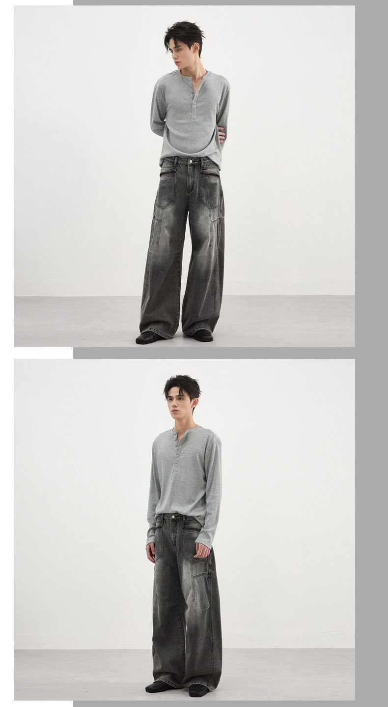 LKTM Men's American Streetwear Zip-Pocket Cargo Denim Pants Relaxed Fit Patchwork Straight-Leg Jeans Unisex_viptrois.com