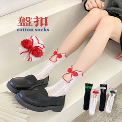 White and black lace retro JK cheongsam button clogs for spring and summer thin Lolita knee socks, Chinese style, factory wholesale