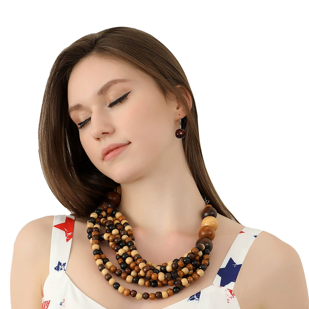 Ethnic wooden necklace, chain, set, accessory, ethnic style