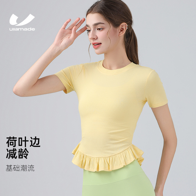 Yoga Clothing Girly Sports Short-sleeved T-shirt Women's Summer Lace Yoga T-shirt Slim-fit Slimming Top Fitness Outer Wear