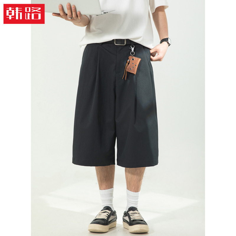 Pleated Design Loose-Fit Shorts for Men, New Spring/Summer Casual Pants, Retro Japanese Style, Versatile Six-Point Pants