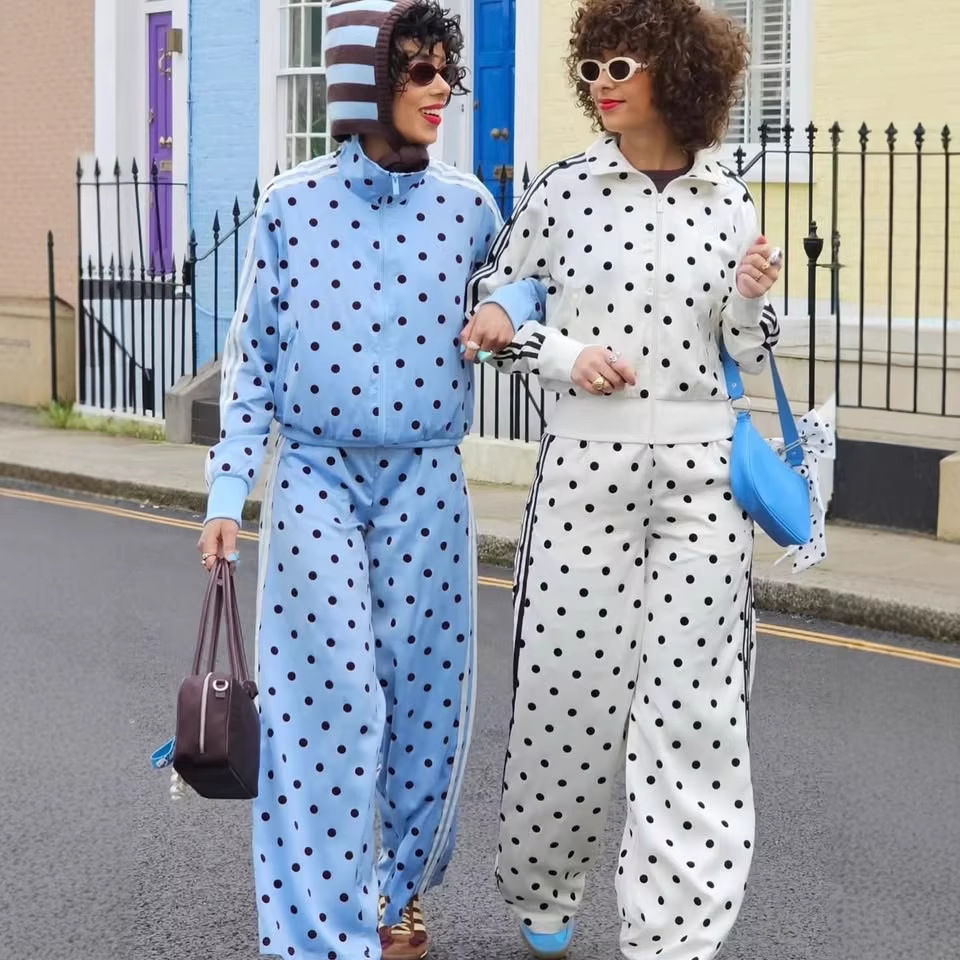 2026 Fashion Polka Dot Three-stripe Casual Set Vintage Stand-up Collar...