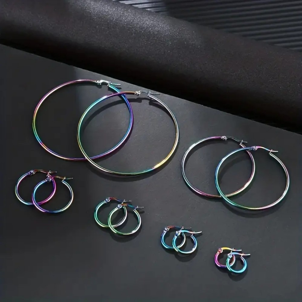 6 Pairs of European and American Style Exaggerated Stainless Steel Hoop Earrings, New Fashion Versatile Earrings with a High-End Feel, Colorful Circle Ear Studs